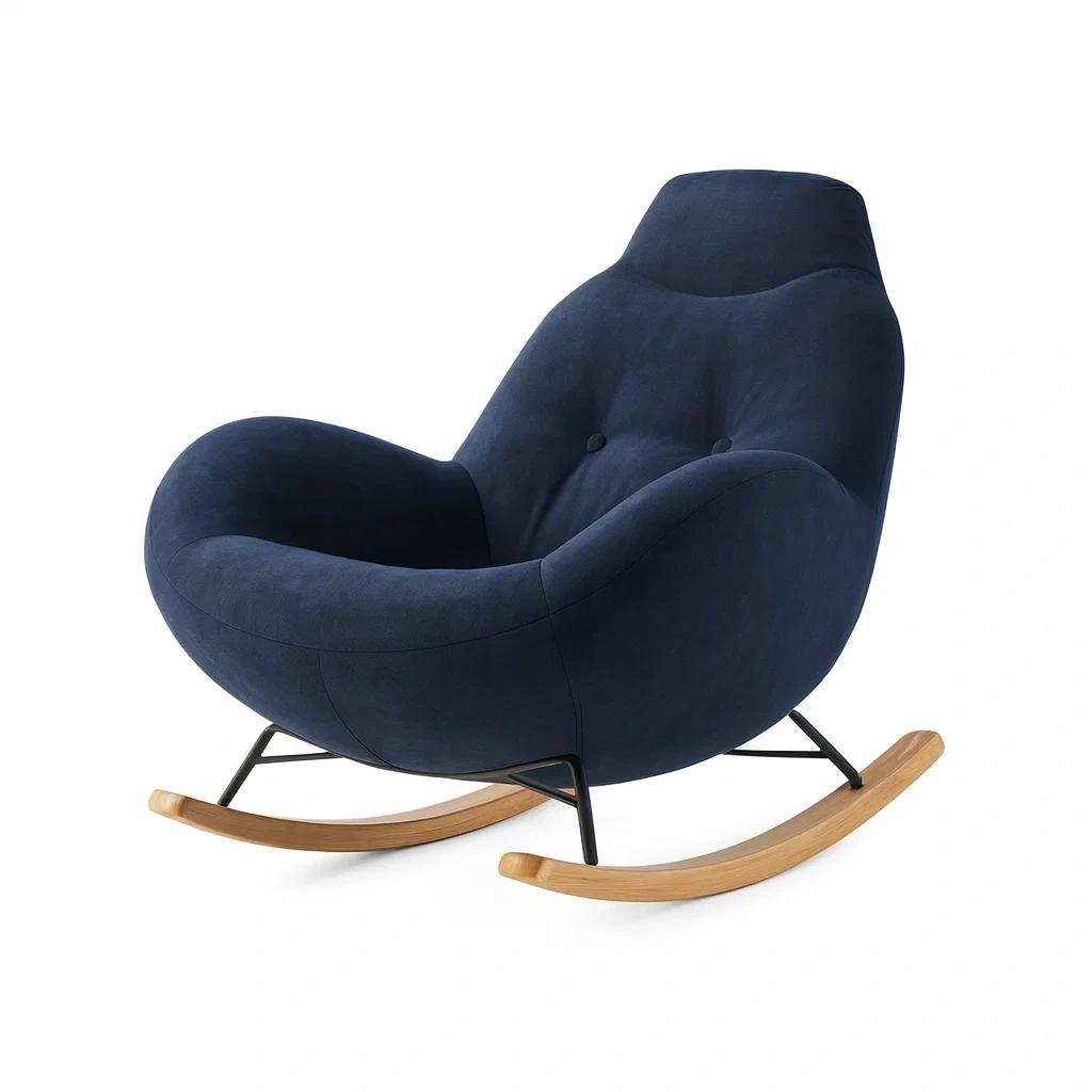 Sedia a dondolo blu in microfibra con struttura in legno e metallo-NEWFURNISH