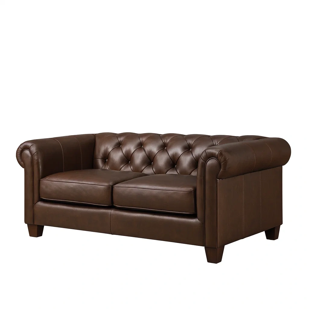 Divano due posti in pelle sintetica marrone con braccioli imbottiti e schienale capitonnè 198x88x77cm-NEWFURNISH