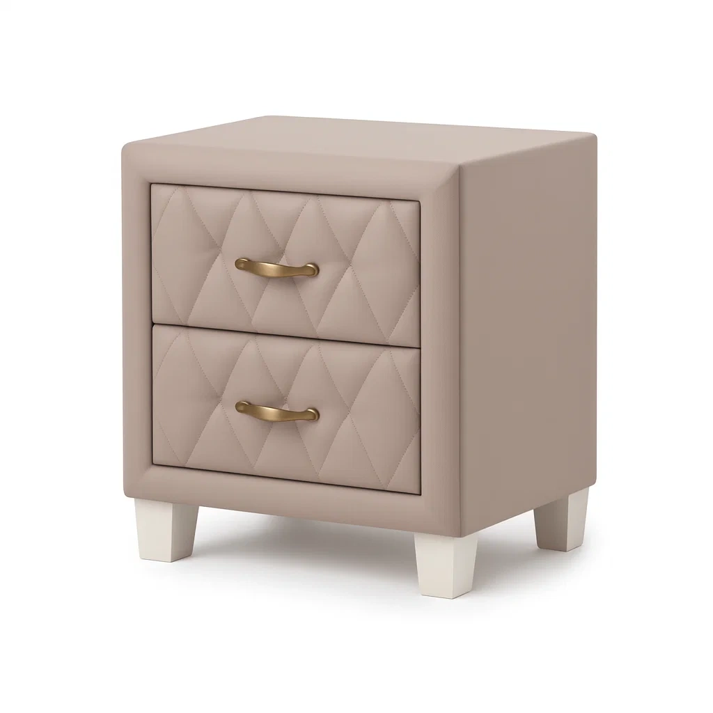 Comodino a 2 cassetti in ecopelle beige-NEWFURNISH