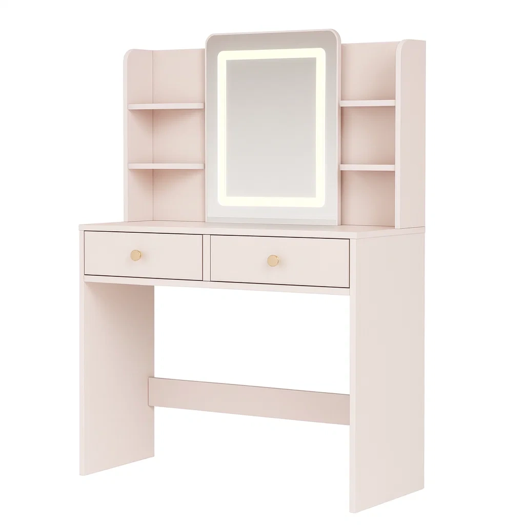 Toeletta con specchio led in mdf color avorio 80x40x136 cm-NEWFURNISH