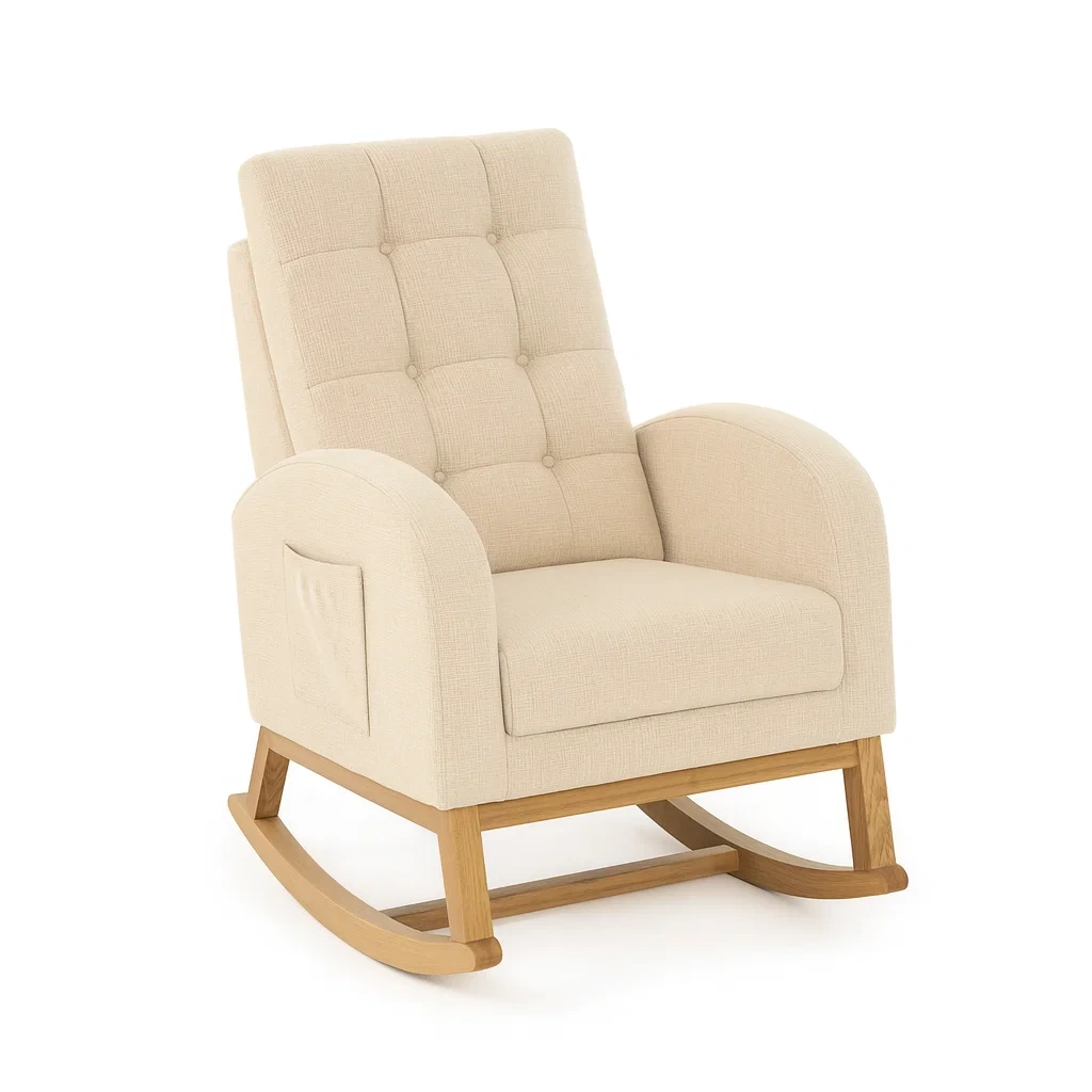 Sedia a dondolo in tessuto beige con base in legno-NEWFURNISH