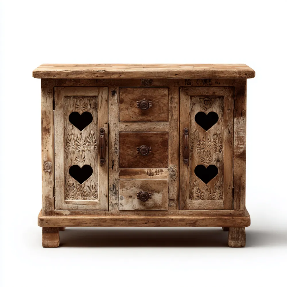 Buffet en bois recyclé 90x40x80 cm – Design sculpté – Naturel