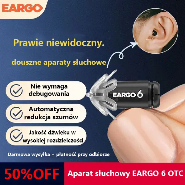 Aparat słuchowy EARGO 6 OTC - prawie niewidoczny CIC, ładowalny, adaptacyjny, zatwierdzony przez FDA.