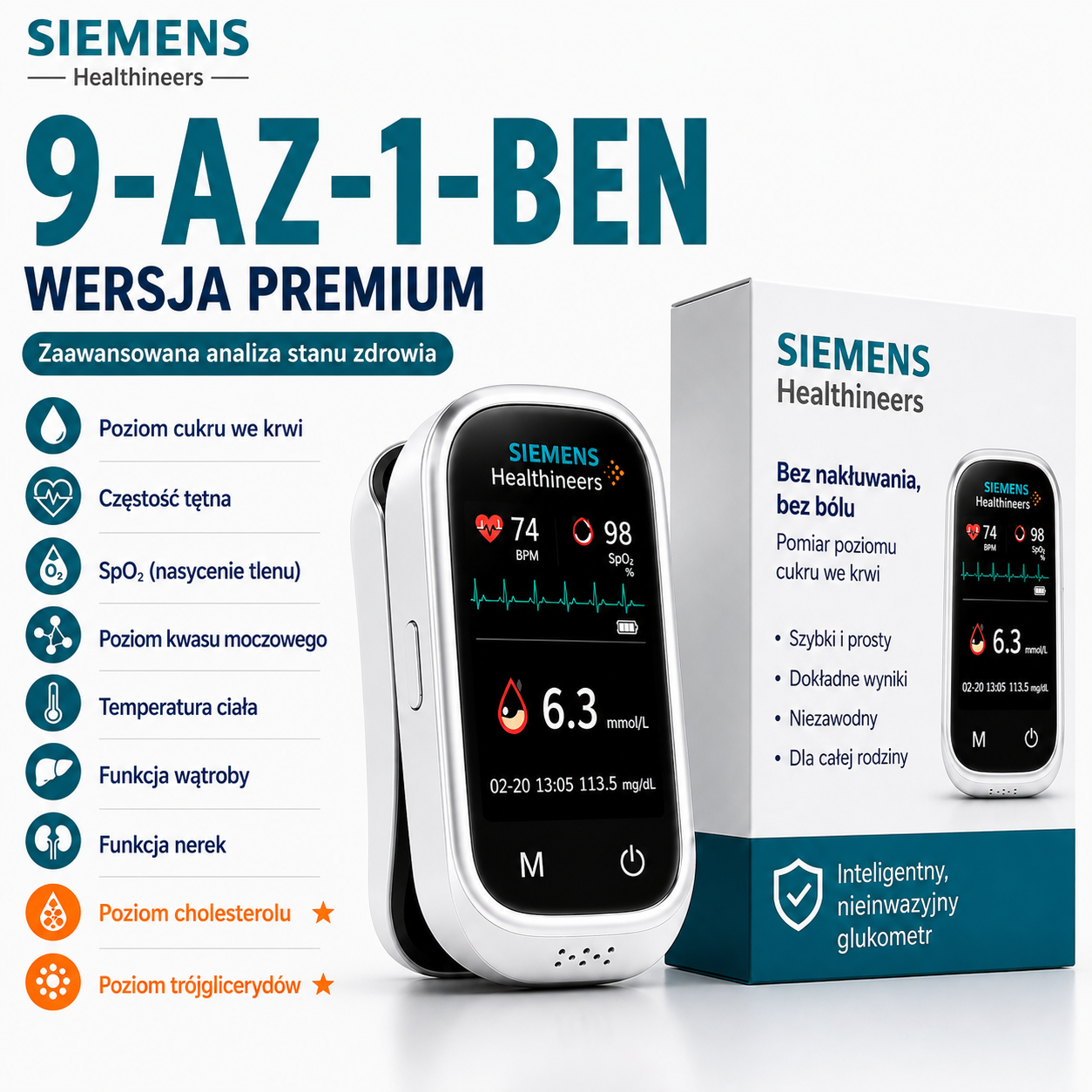 🩸 Siemens™ 11w1 bezinwazyjny glukometr Bez nakłuwania • Bez pasków testowych • Wynik już w 5 sekund