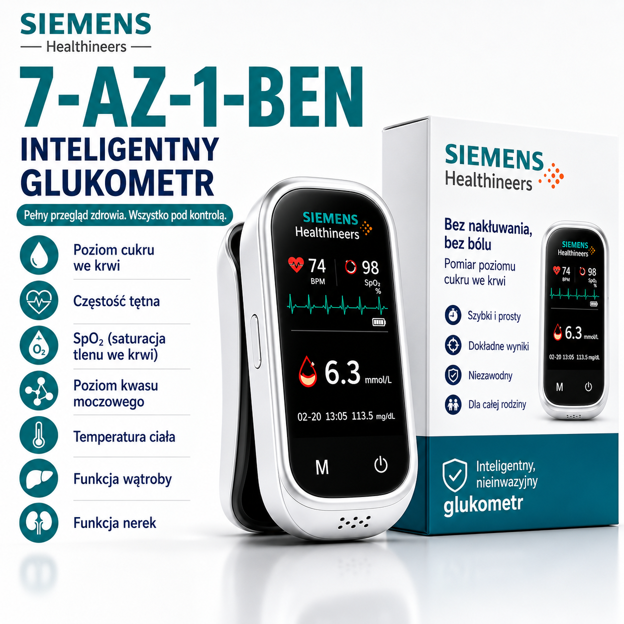 🩸 Siemens™ 11w1 bezinwazyjny glukometr Bez nakłuwania • Bez pasków testowych • Wynik już w 5 sekund