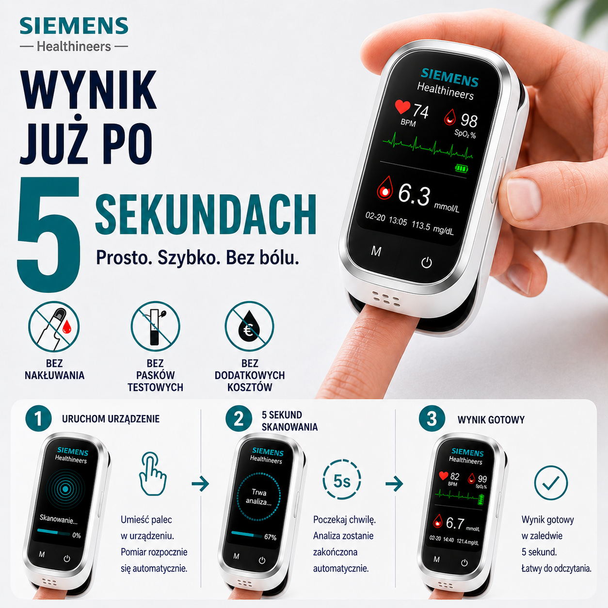 🩸 Siemens™ 11w1 bezinwazyjny glukometr Bez nakłuwania • Bez pasków testowych • Wynik już w 5 sekund