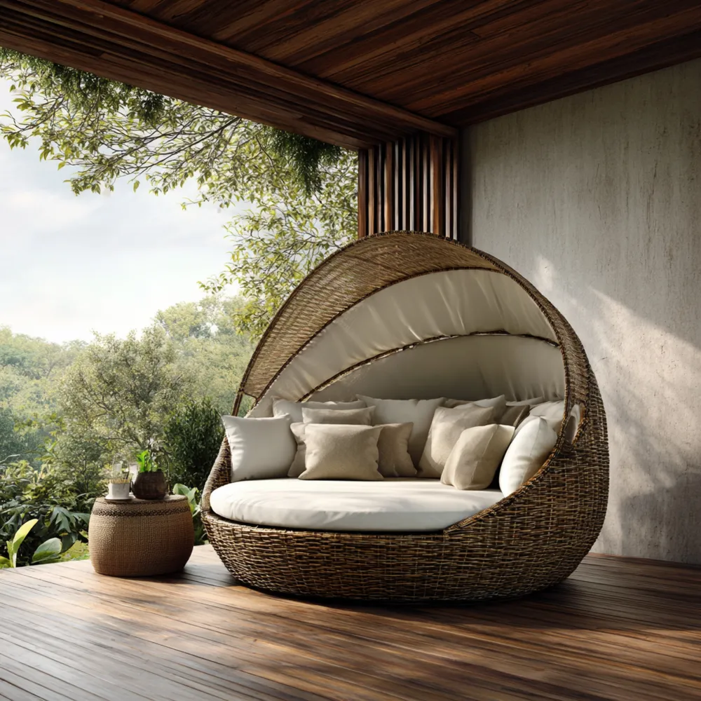 Chaise longue de jardin en résine tressée avec auvent – 190x190x160 cm – Beige – Design contemporain