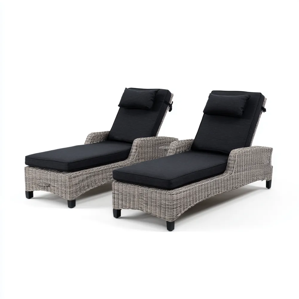 Chaise longue de jardin en résine tressée avec coussins 195x65x32 cm – Gris/Noir – Design moderne