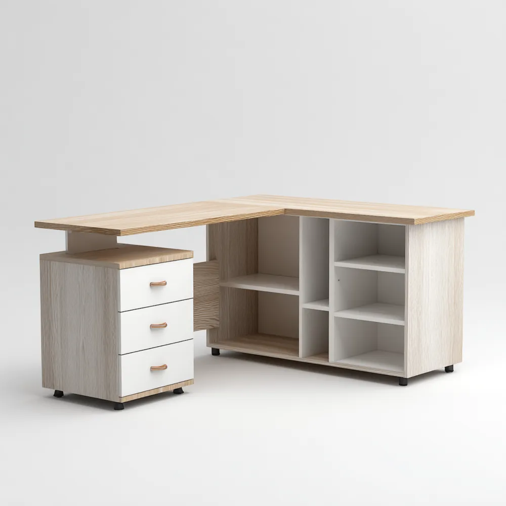 Bureau d'angle MDF 140x120x75 cm – Étagères intégrées – Bois Naturel/Blanc – Design moderne