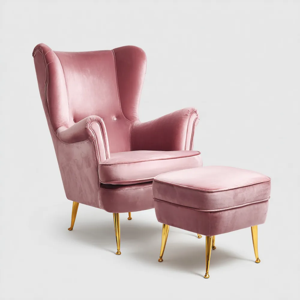 Fauteuil de détente Velours 85x90x105 cm avec Repose-pieds 55x40x40 cm - Rose - Pieds dorés
