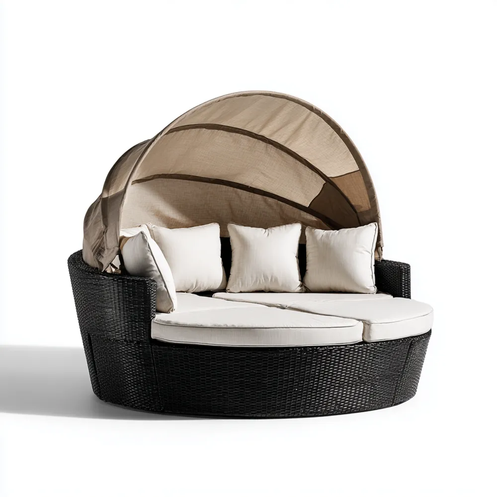 Lit de jardin rond en osier avec auvent - 200x200x150 cm - Noir/Beige