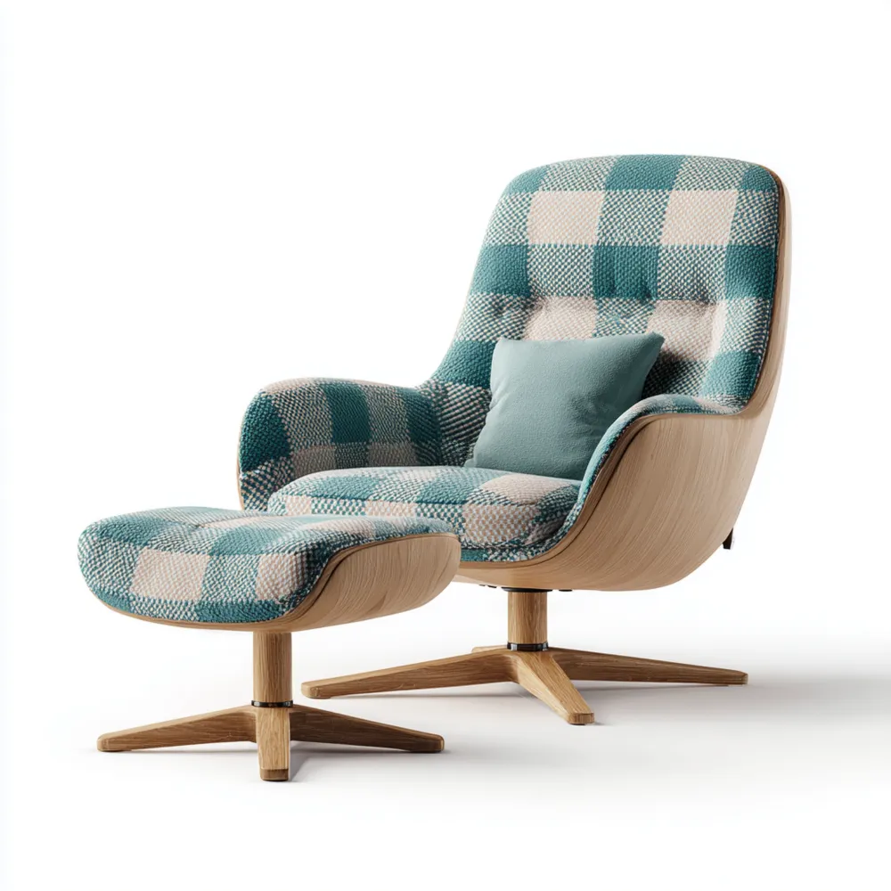 Fauteuil de détente avec repose-pied 85x75x100 cm Bois tissu à carreaux Vert/Ivoire – Design contemporain