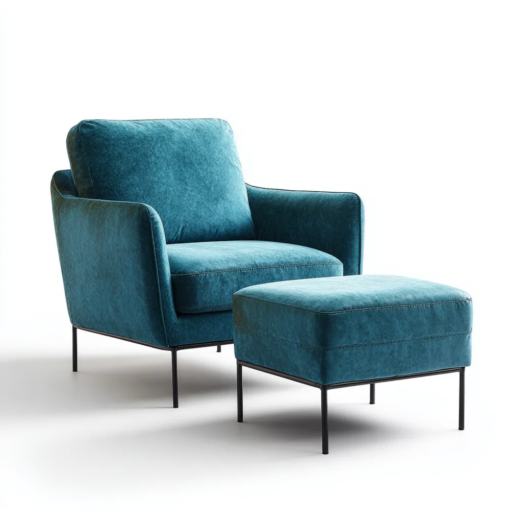 Fauteuil de détente Velours 75x85x100 cm - 60x45x40 cm - Bleu canard - Moderne