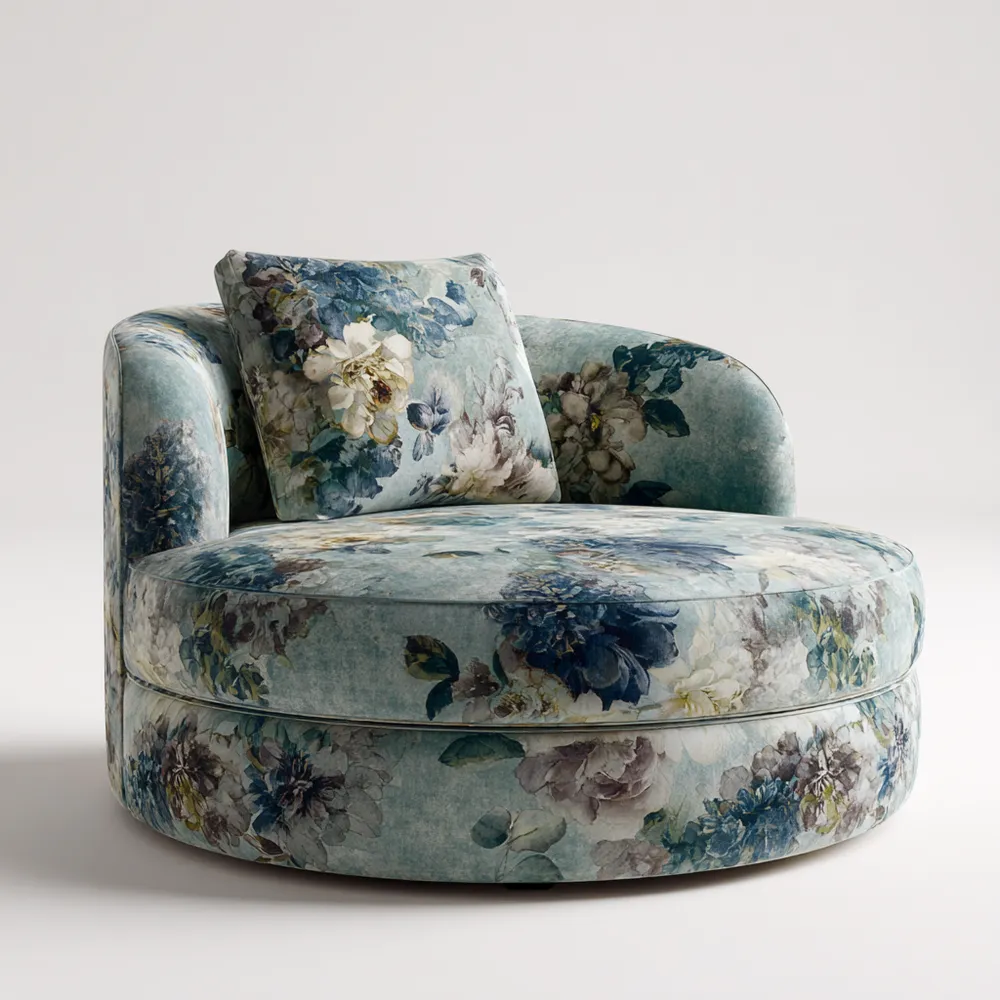 Fauteuil de détente Rond 90x90x70 cm en Tissu Floral – Bleu/Vert – Design Contemporain