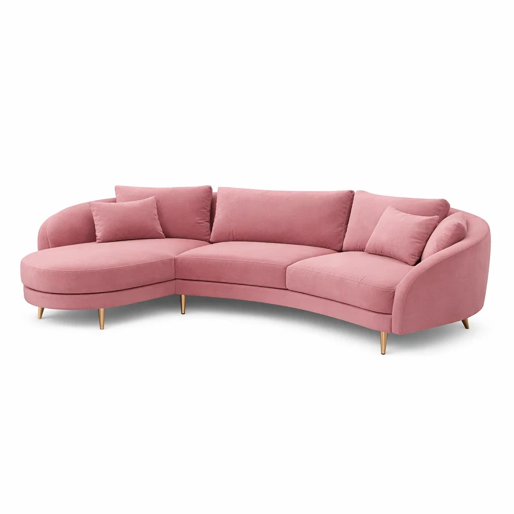 Canape d angle arrondi tissu velours rose-XenDecor