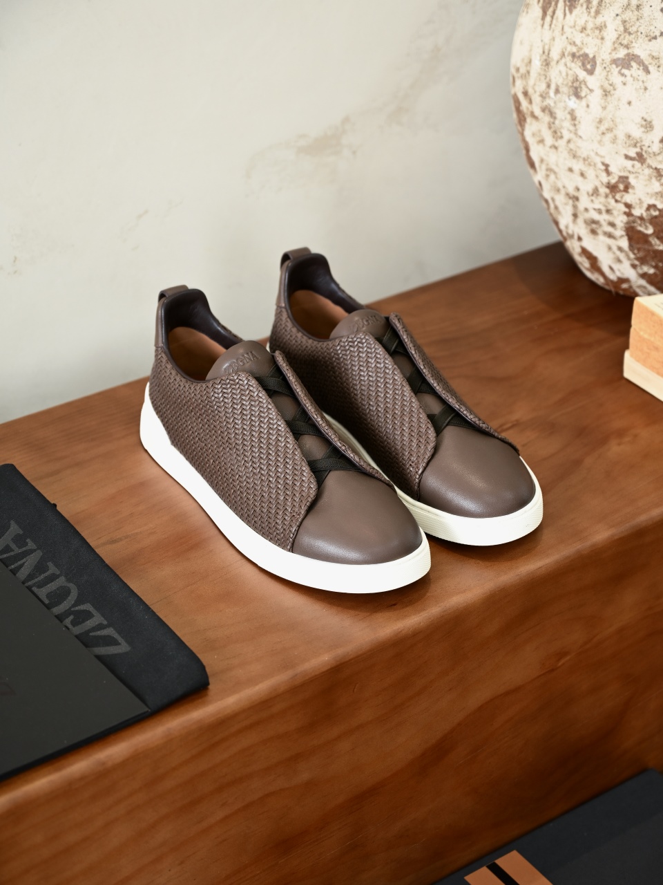 杰尼亚 Zegna  Triple Stitch Woven Leather Upper Laceless Sneakers - C0-LHPNU-S4665Z-CTO