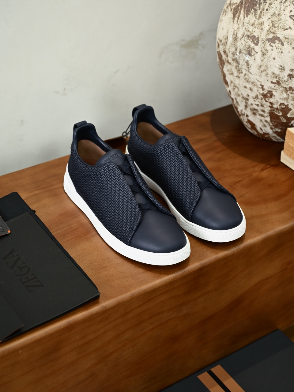 杰尼亚  Zegna Triple Stitch Woven Leather Upper Laceless Sneakers -Navy blue-C0-RLHSPT-S4665Z-NEEE