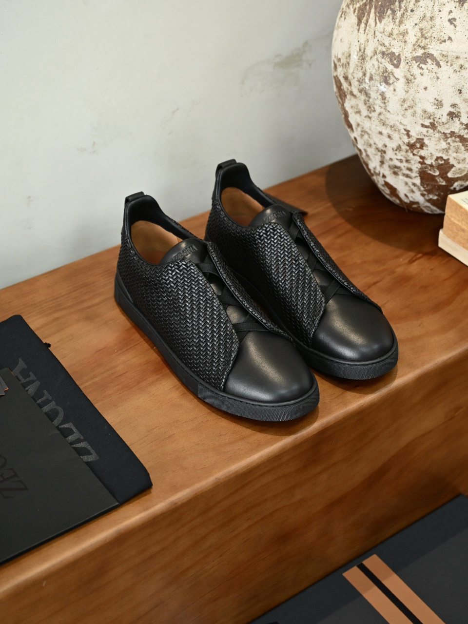 杰尼亚  Zegna  Triple Stitch Woven Leather Upper Laceless Sneakers -black-C0-RLHSPT-S4665Z-NEEE