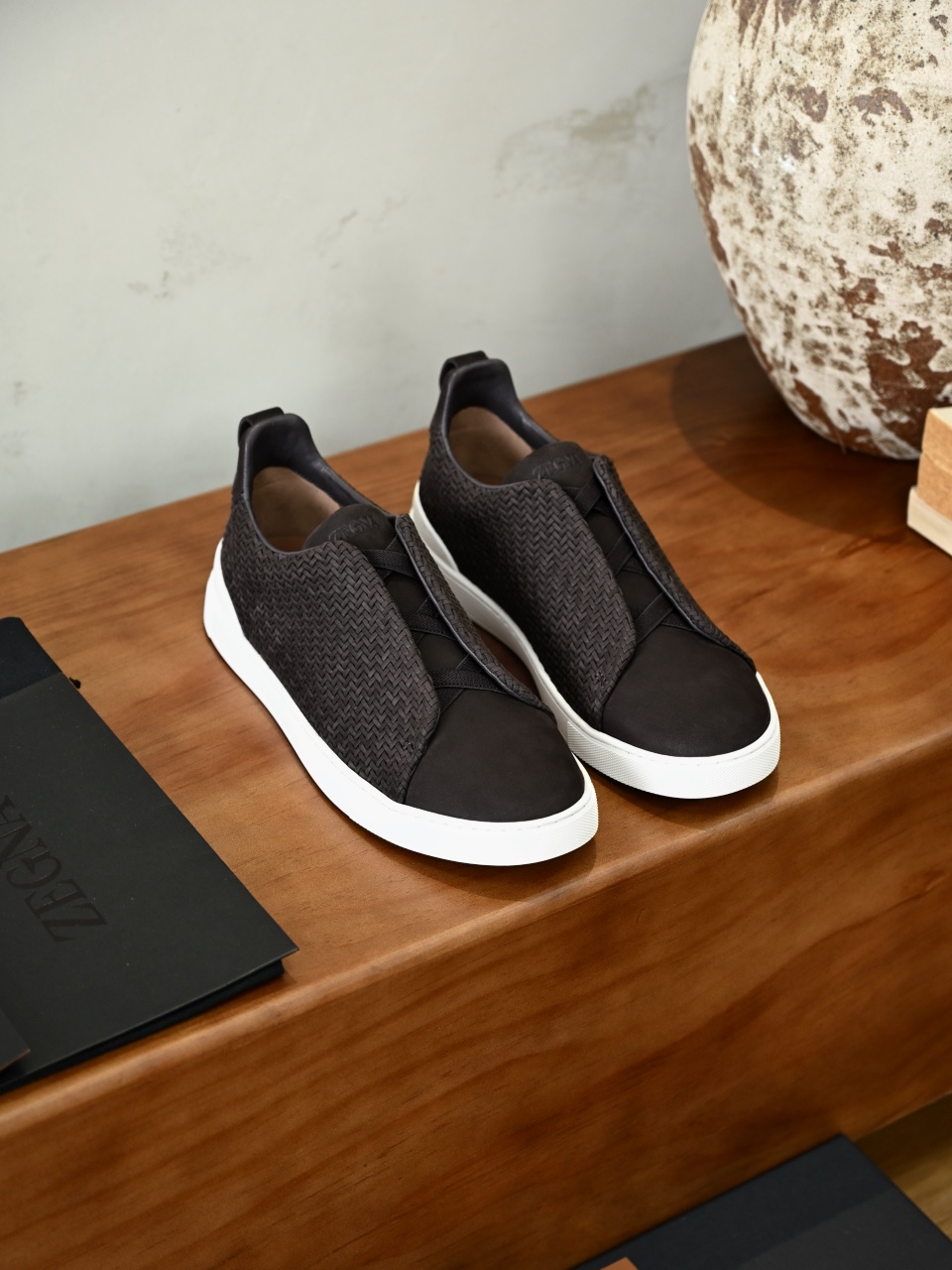 杰尼亚 Suede  Zegna  Triple Stitch Woven Leather Upper Laceless Sneakers - brown-C0-LHPNU