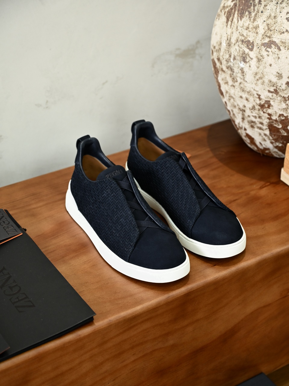 杰尼亚 Suede  Zegna  Triple Stitch Woven Leather Upper Laceless Sneakers - Navy blue-C0-LHPNU