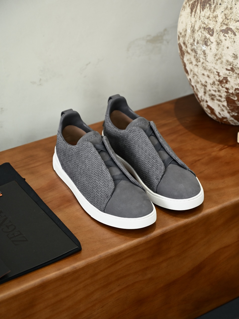 杰尼亚 Suede  Zegna  Triple Stitch Woven Leather Upper Laceless Sneakers - C0-LHPNU