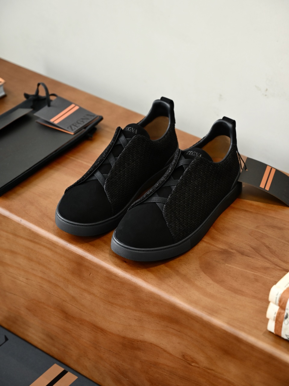 杰尼亚 Suede  Zegna  Triple Stitch Woven Leather Upper Laceless Sneakers - C0-LHPNU