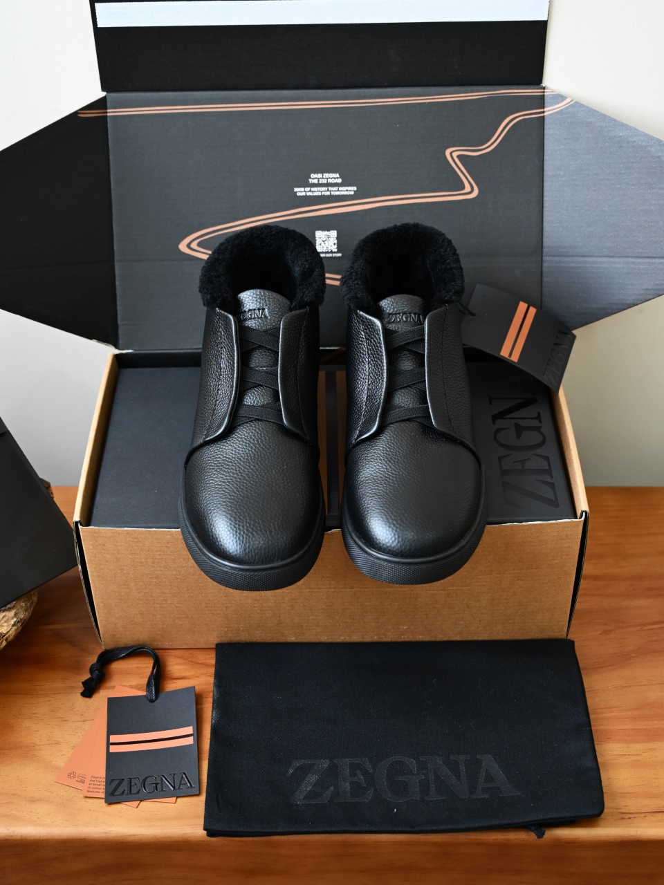 ZE2618-2G-Zegna Triple Stitch  Shearling Sneakers-C0-Deerskin Texture / Grained Leather（鹿皮质感/掌纹粒面牛皮）杰尼亚 皮面高筒