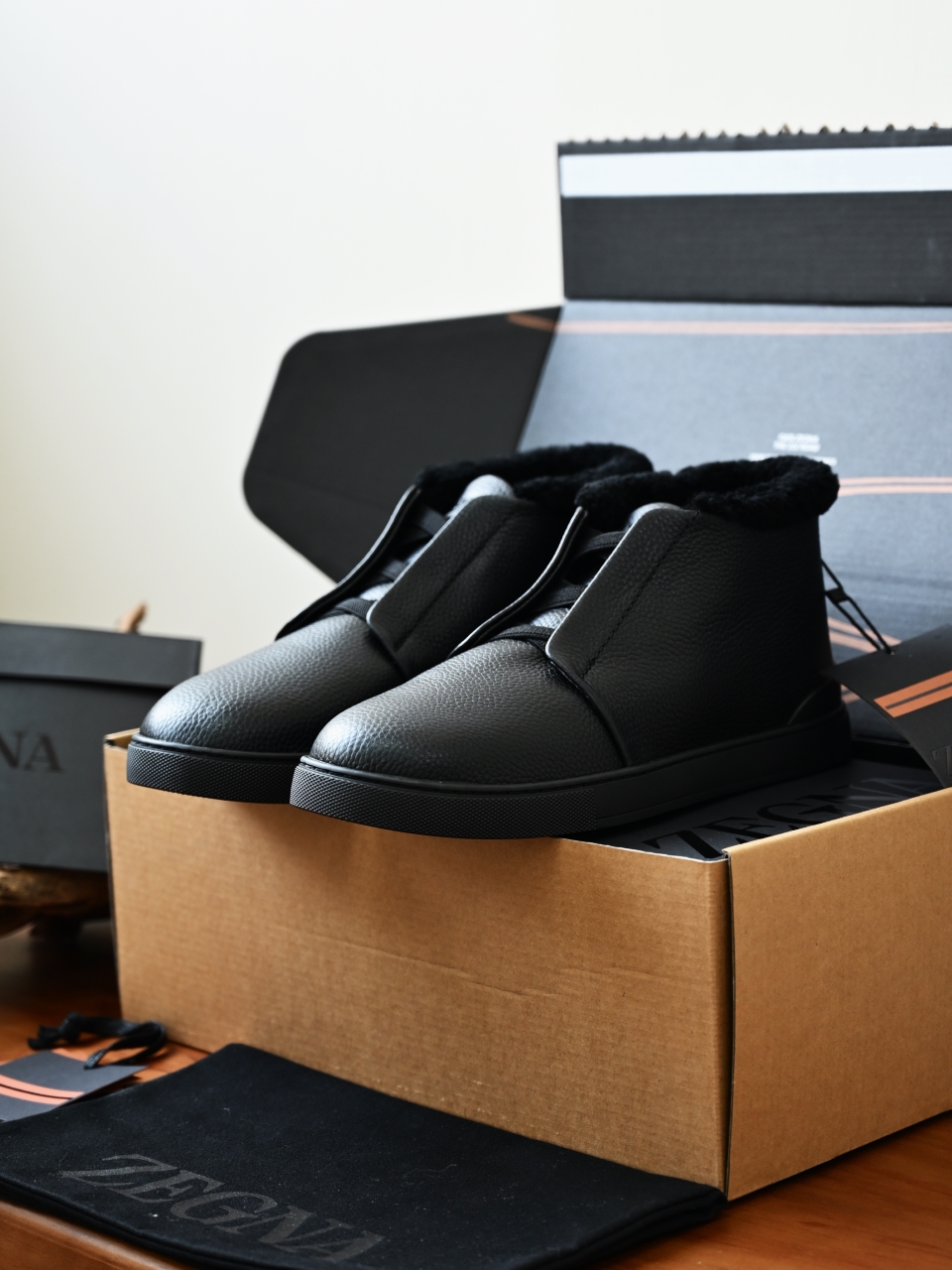 ZE2618-2G-Zegna Triple Stitch  Shearling Sneakers-C0-Deerskin Texture / Grained Leather（鹿皮质感/掌纹粒面牛皮）杰尼亚 皮面高筒