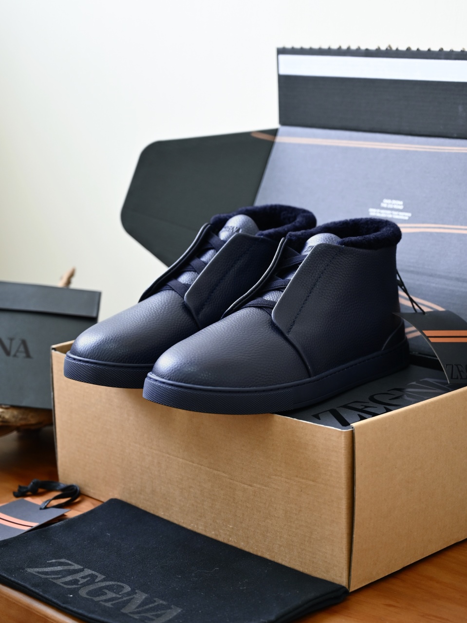 ZE2618-2G-Zegna Triple Stitch  Shearling Sneakers-C0-Deerskin Texture / Grained Leather（鹿皮质感/掌纹粒面牛皮）杰尼亚 皮面高筒