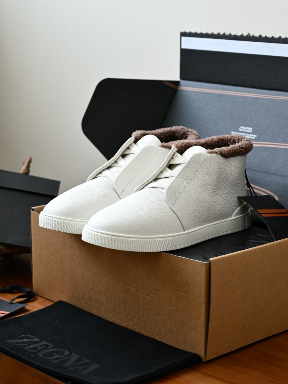 ZE2618-2G-Zegna Triple Stitch  Shearling Sneakers-C0-Deerskin Texture / Grained Leather（鹿皮质感/掌纹粒面牛皮）杰尼亚 皮面高筒