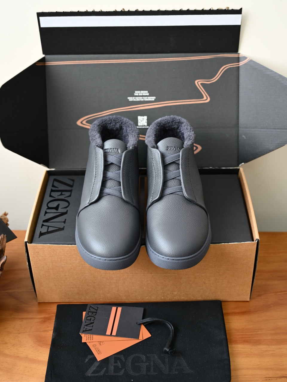 ZE2618-2G-Zegna Triple Stitch  Shearling Sneakers-C0-Deerskin Texture / Grained Leather（鹿皮质感/掌纹粒面牛皮）杰尼亚 皮面高筒