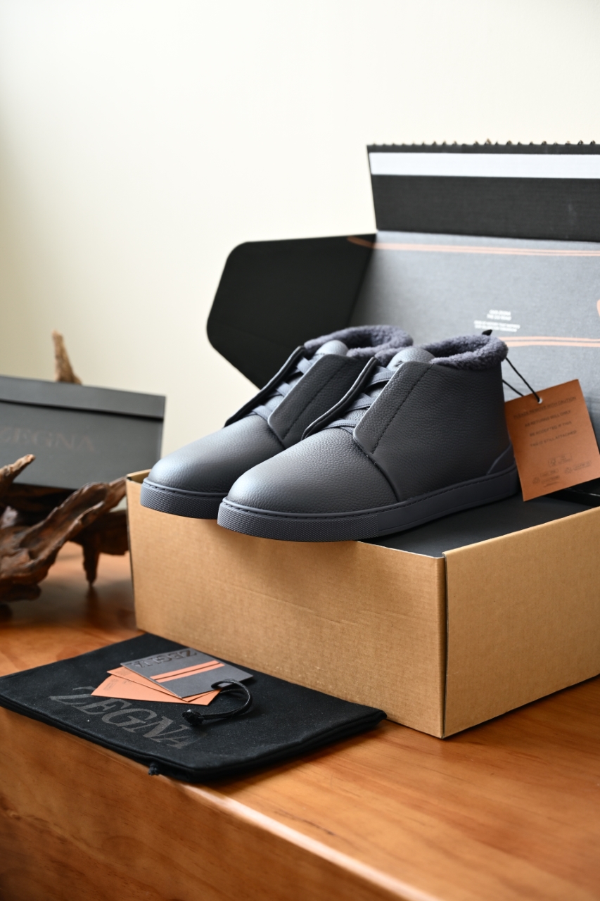 ZE2618-2G-Zegna Triple Stitch  Shearling Sneakers-C0-Deerskin Texture / Grained Leather（鹿皮质感/掌纹粒面牛皮）杰尼亚 皮面高筒
