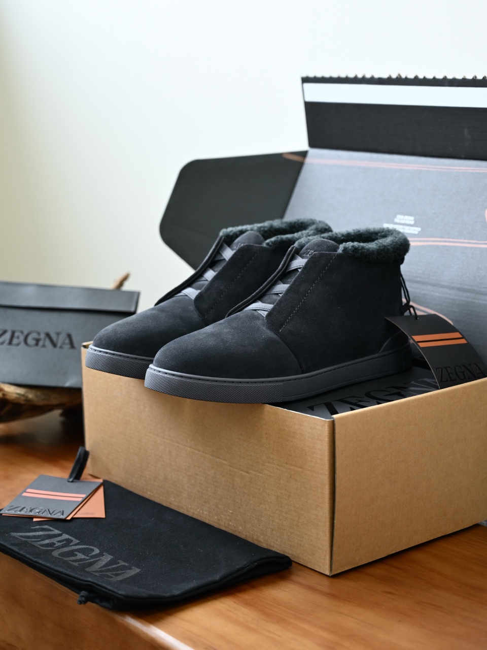 ZE2618-1G-Zegna Triple Stitch  Shearling Sneakers-C0-Deerskin leather 杰尼亚 麂皮高筒