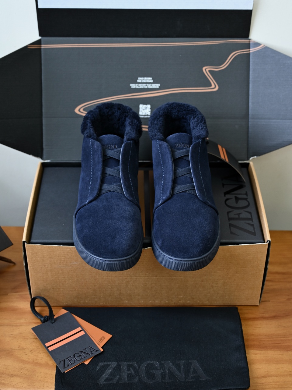 ZE2618-1G-Zegna Triple Stitch  Shearling Sneakers-C0-Deerskin leather 杰尼亚 麂皮高筒