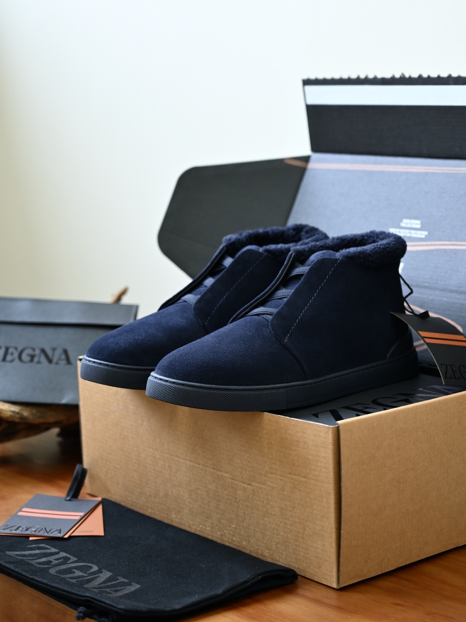 ZE2618-1G-Zegna Triple Stitch  Shearling Sneakers-C0-Deerskin leather 杰尼亚 麂皮高筒