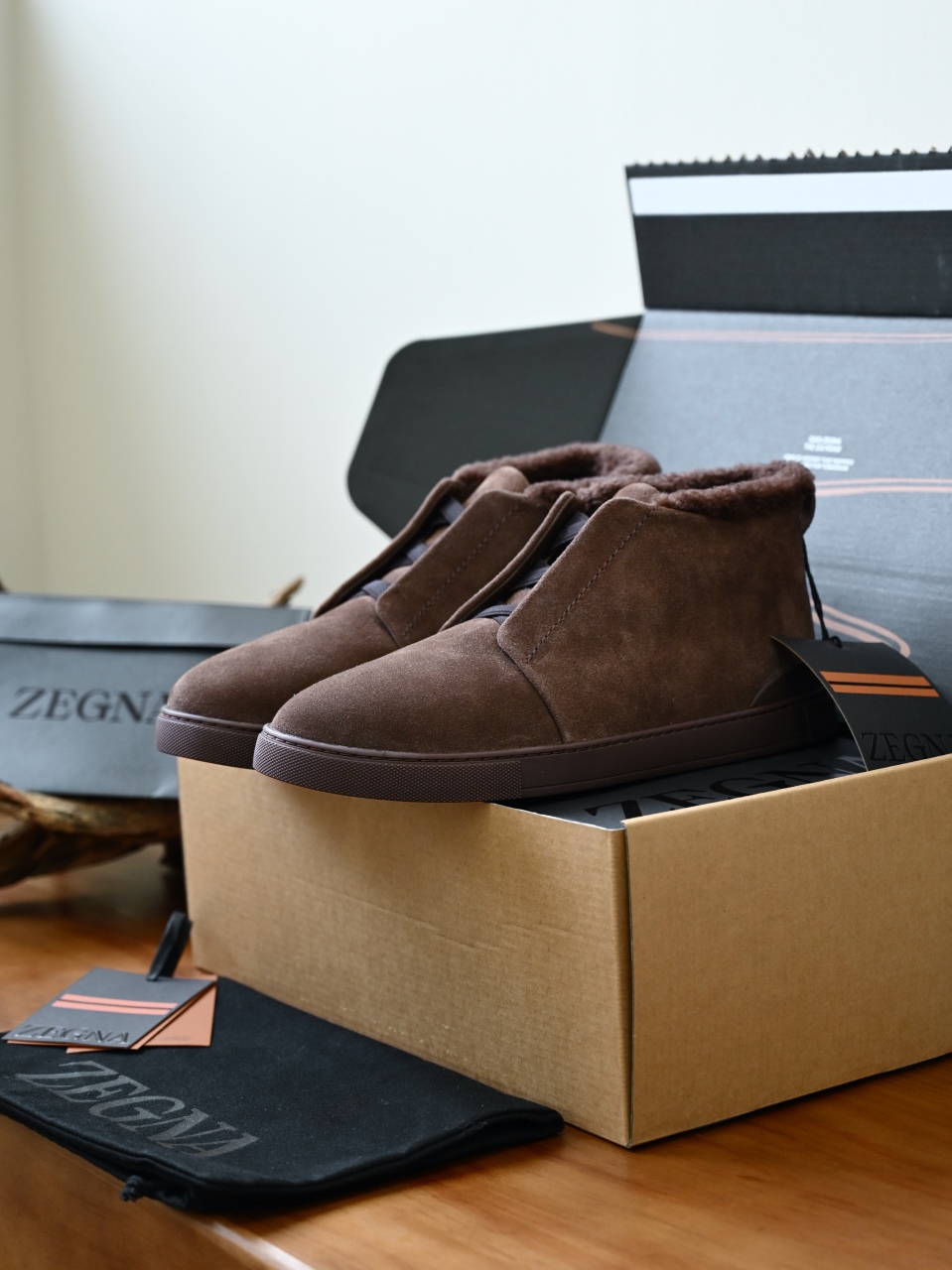 ZE2618-1G-Zegna Triple Stitch  Shearling Sneakers-C0-Deerskin leather 杰尼亚 麂皮高筒
