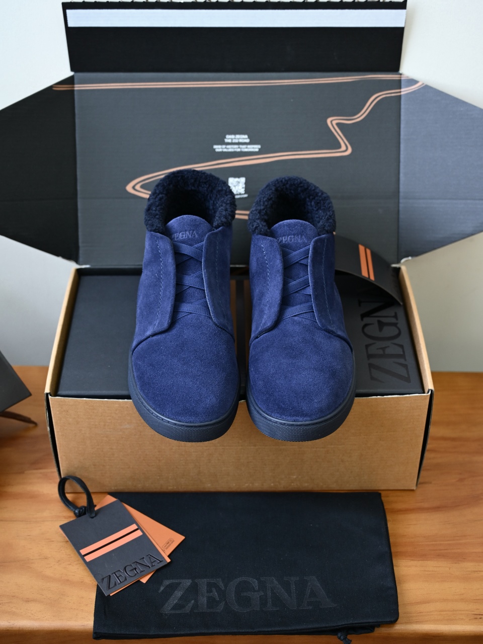ZE2618-1G-Zegna Triple Stitch  Shearling Sneakers-C0-Deerskin leather 杰尼亚 麂皮高筒