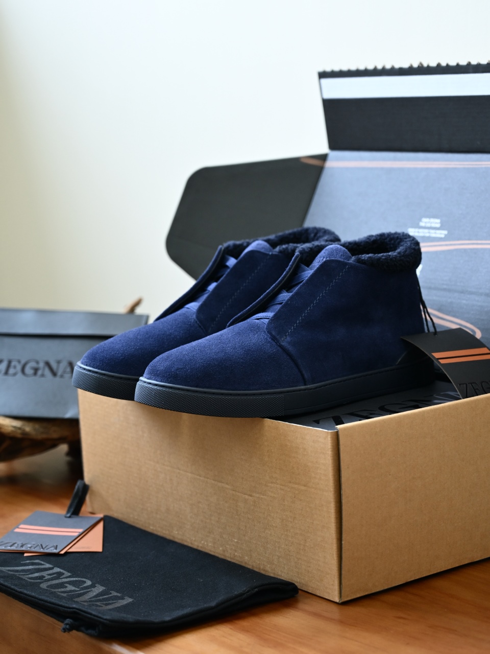ZE2618-1G-Zegna Triple Stitch  Shearling Sneakers-C0-Deerskin leather 杰尼亚 麂皮高筒