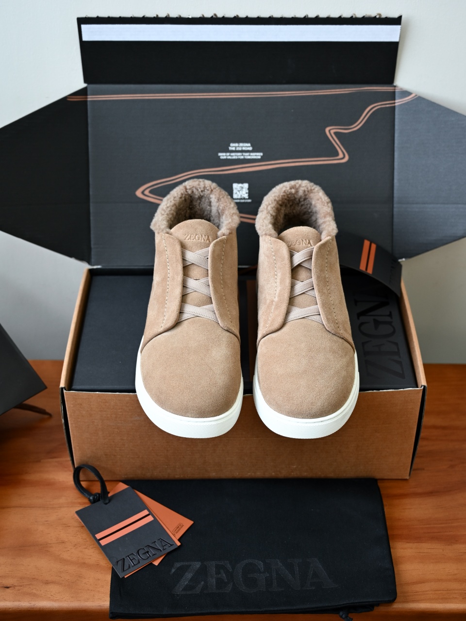 ZE2618-1G-Zegna Triple Stitch  Shearling Sneakers-C0-Deerskin leather 杰尼亚 麂皮高筒