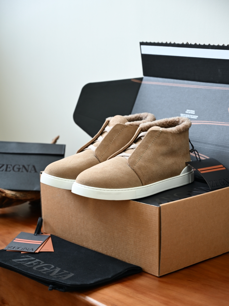 ZE2618-1G-Zegna Triple Stitch  Shearling Sneakers-C0-Deerskin leather 杰尼亚 麂皮高筒