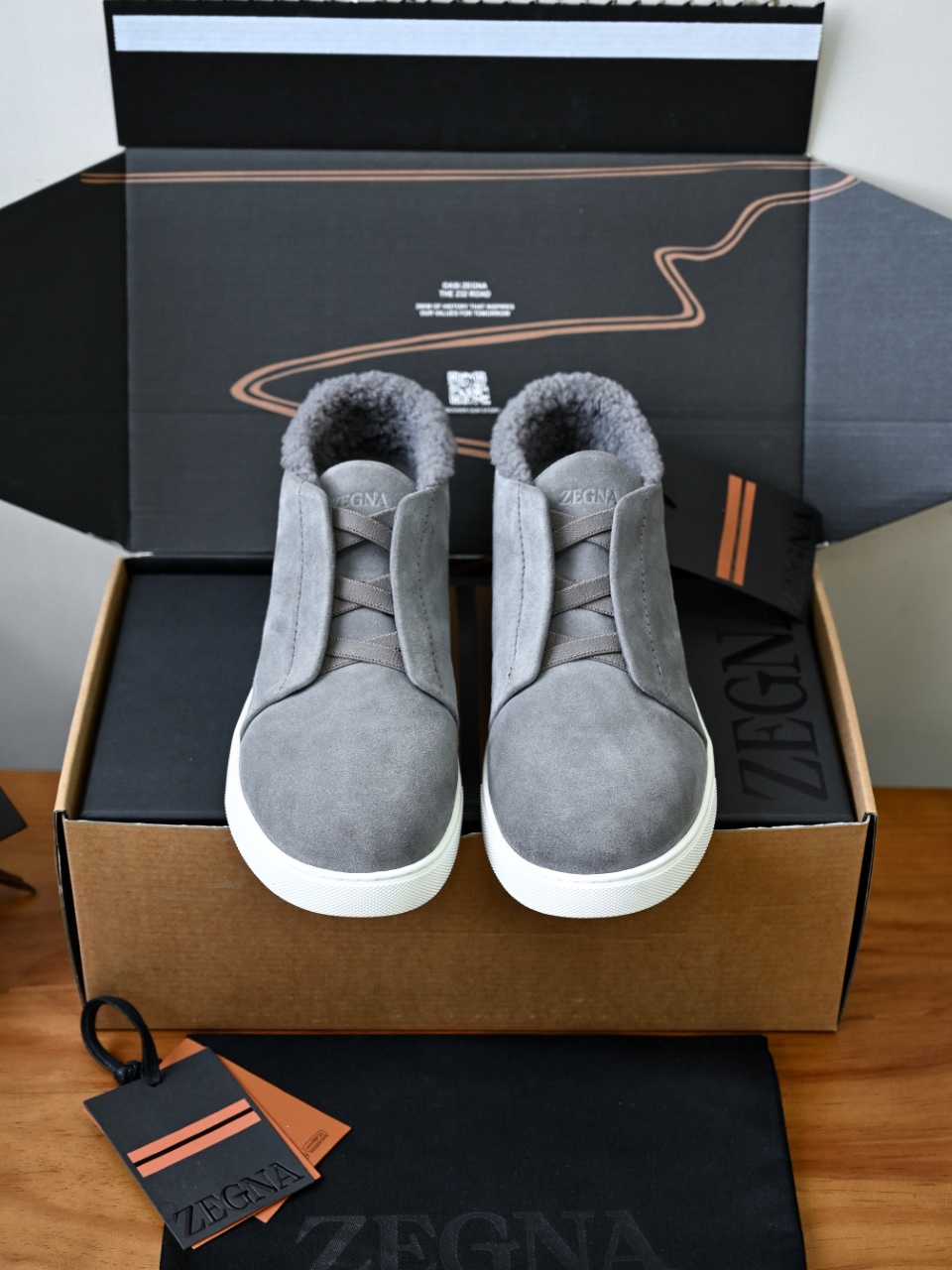 ZE2618-1G-Zegna Triple Stitch  Shearling Sneakers-C0-Deerskin leather 杰尼亚 麂皮高筒