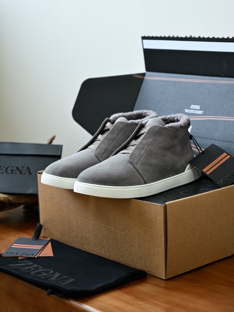 ZE2618-1G-Zegna Triple Stitch  Shearling Sneakers-C0-Deerskin leather 杰尼亚 麂皮高筒