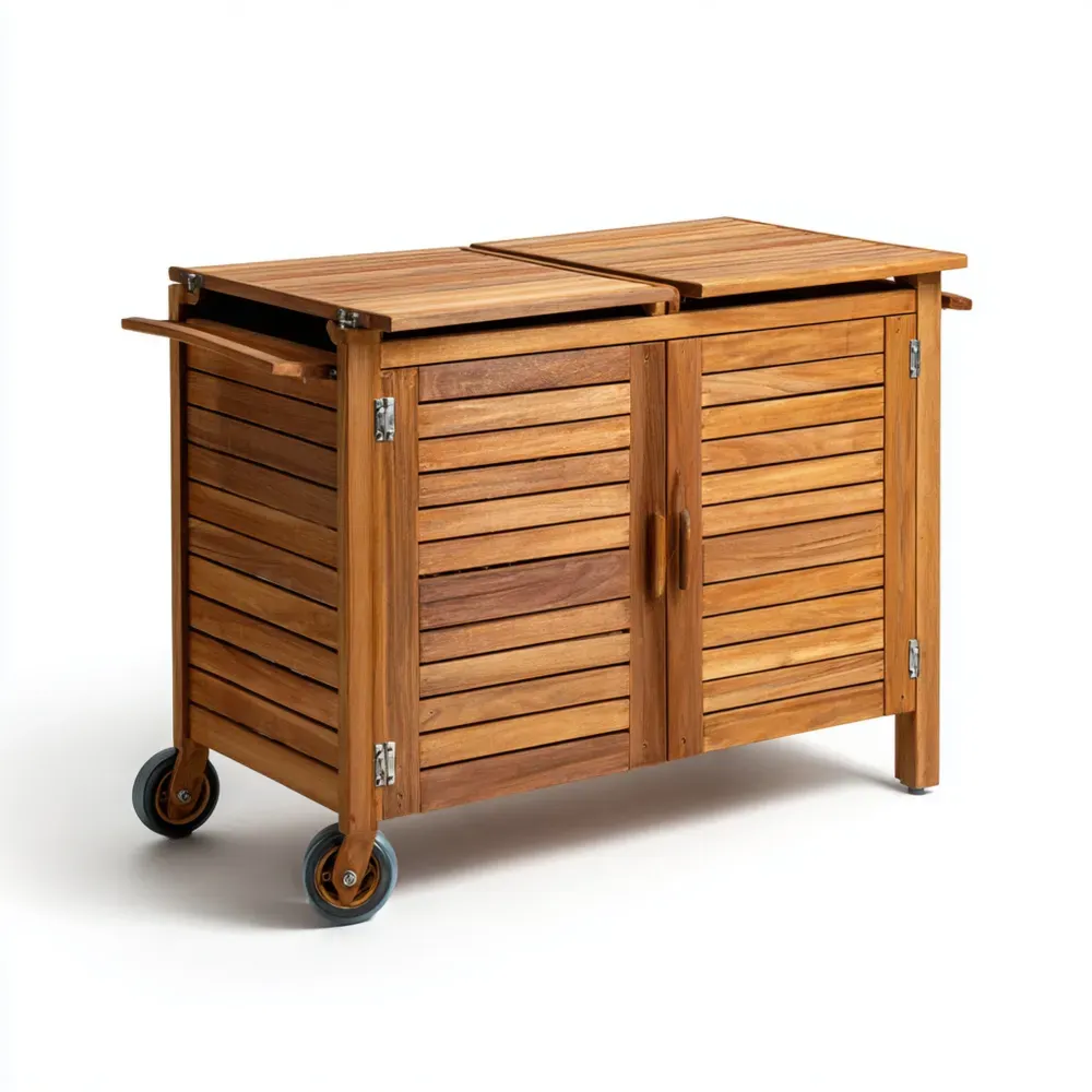 Armadio da esterno in legno di teak con ruote – 100x50x90 cm-Dwellnestx