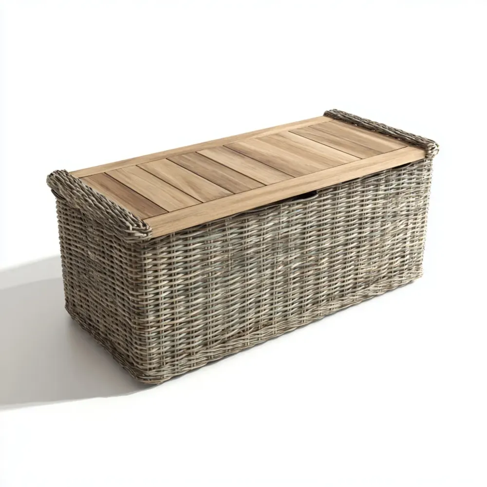 Cassapanca da esterno in rattan 120x45x55 cm – Grigio – Design rustico-Dwelllinivo