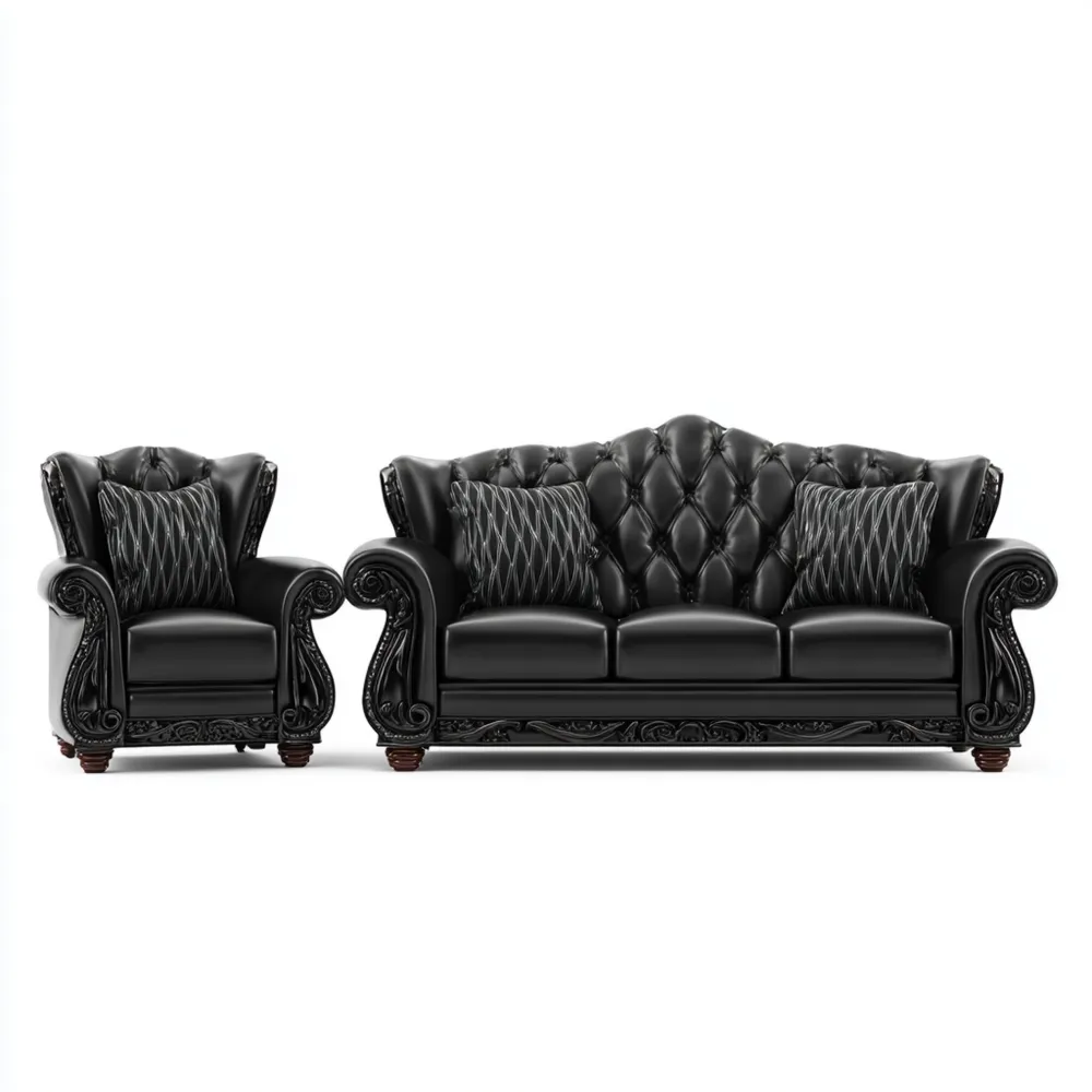 Set di divani in pelle 200x90x100 cm - Nero - Design classico-Dwelllinivo