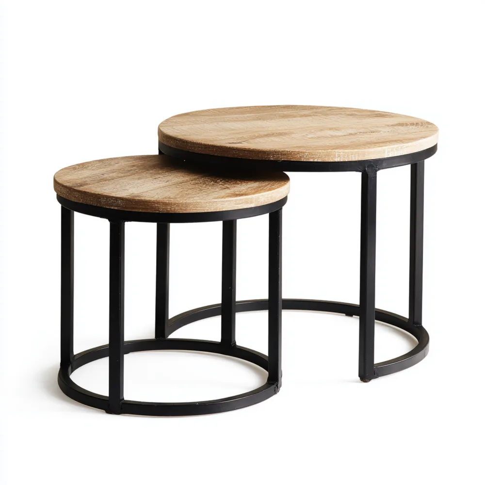 Set Tavolini da caffè 2 pezzi in legno e metallo design industriale 50x50x45 cm, 40x40x40 cm-Dwellhomio