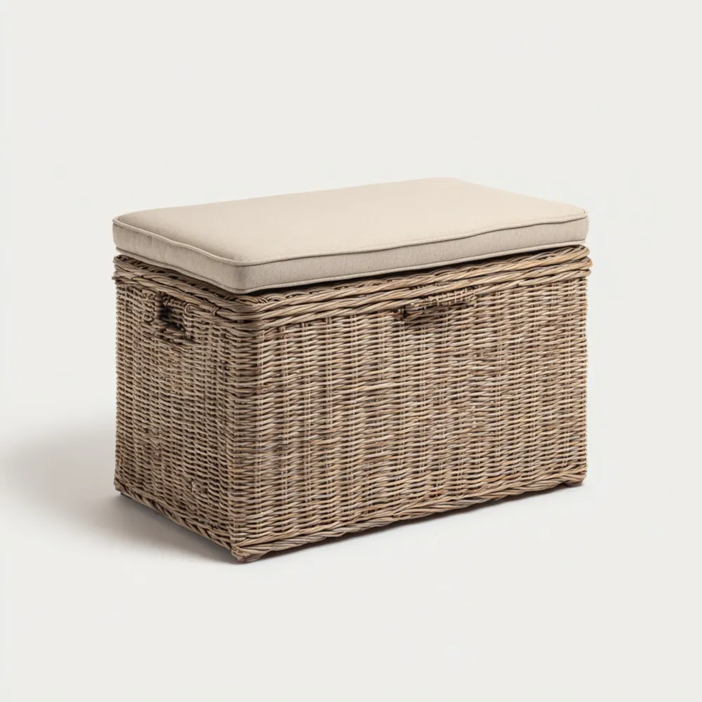 Cassapanca da esterno in vimini con cuscino - 90x45x50 cm - Naturale/Beige-Dwellhomio