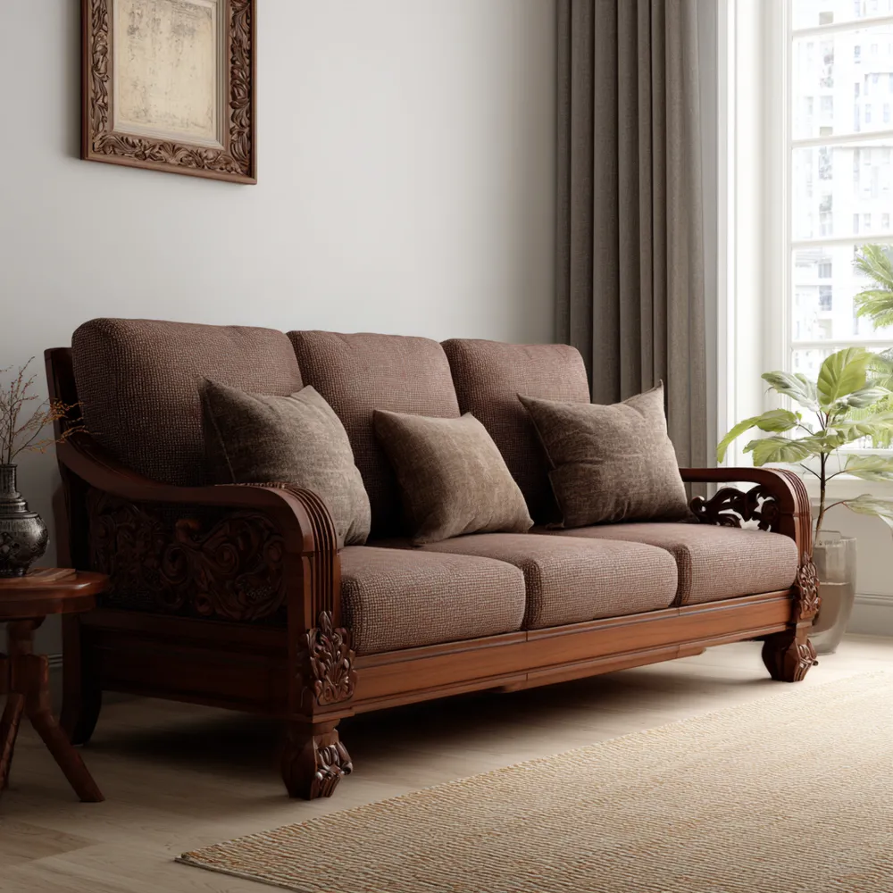 Divano a tre posti in tessuto Marrone con finiture in legno intagliato - Classico 200x85x90 cm-Dwellhomio