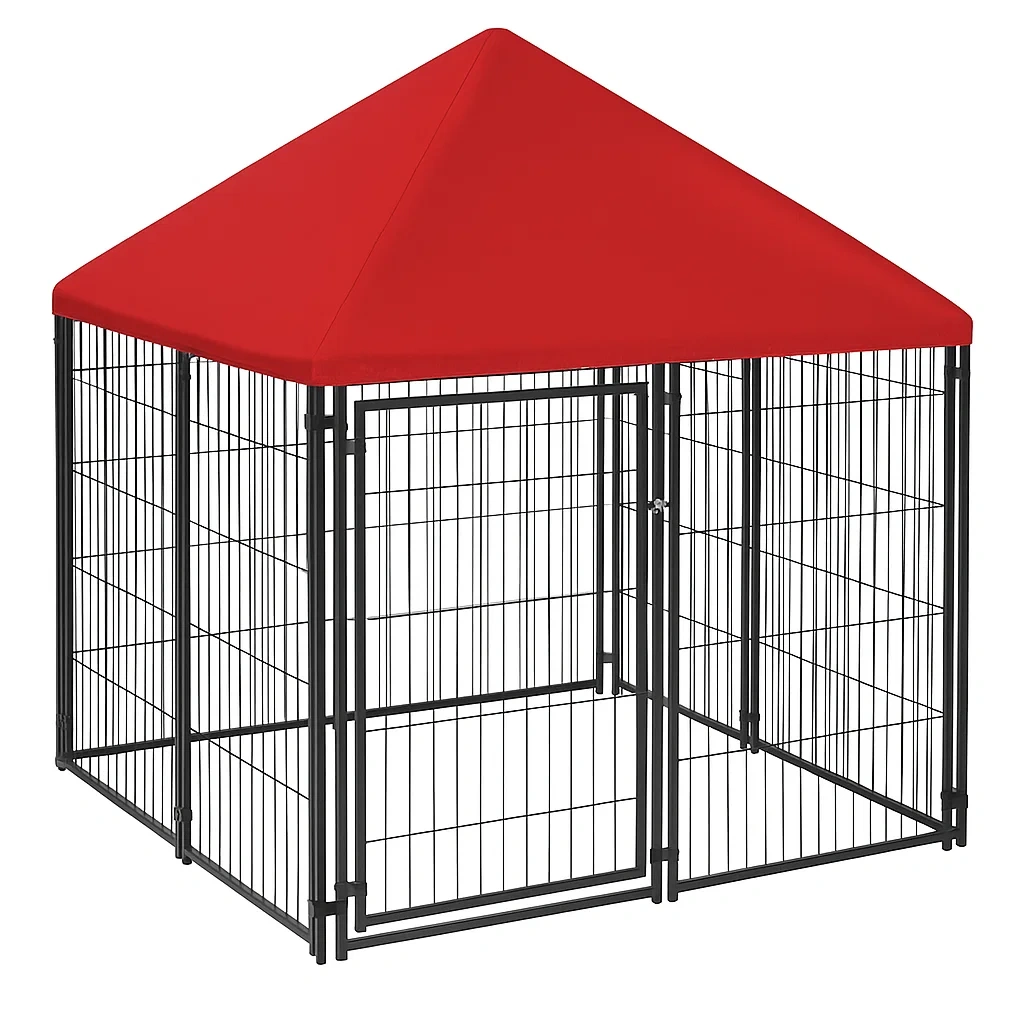 Gabbia per cani da Esterno in Metallo con Tetto Rosso 120×120×150 cm-dreamloomz