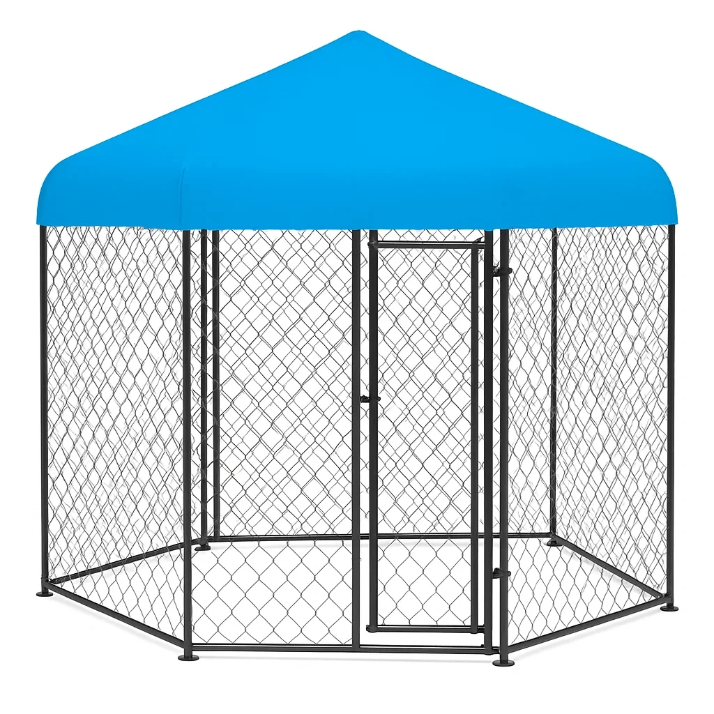 Gabbia per cani Esagonale con Copertura Blu in Acciaio e Rete-dreamloomz